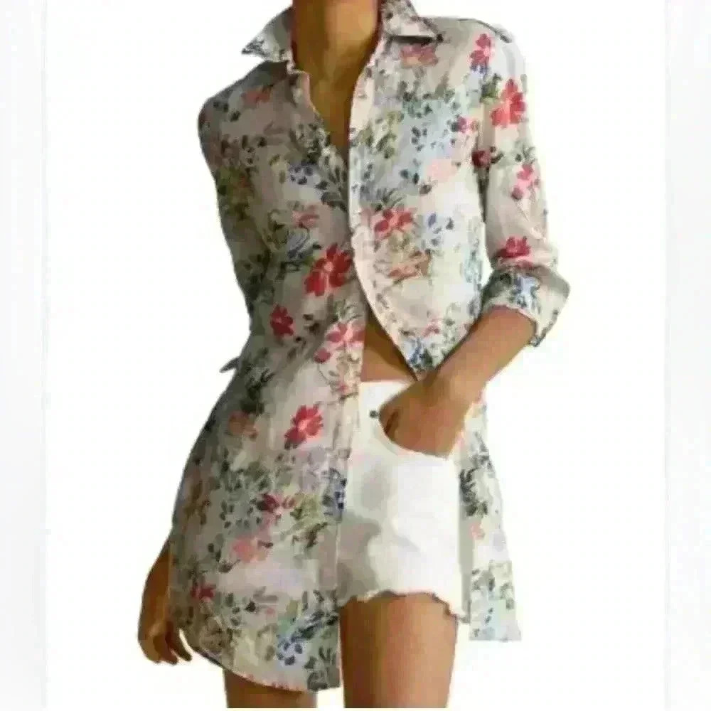 Ralph Lauren white, long sleeve, button down floral linen tunic shirt; size 0